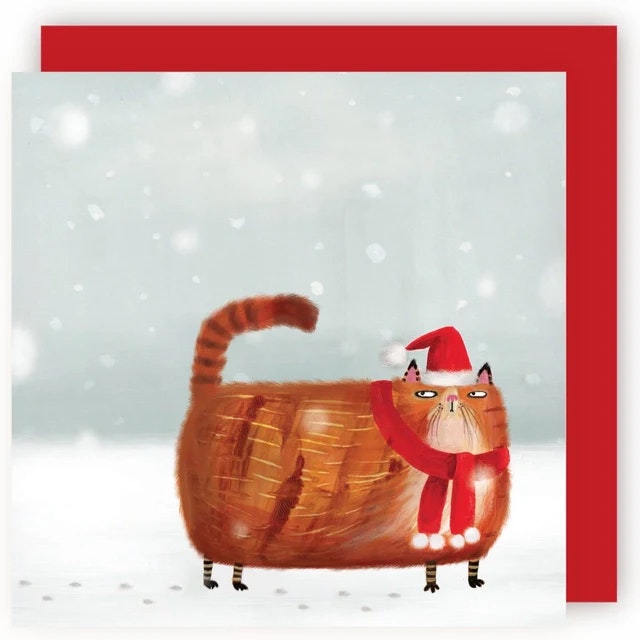 Dubbelt julkort med kuvert - Julkatt i snön (Fraktfritt)