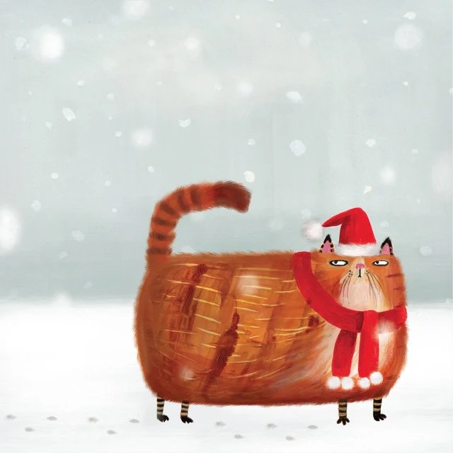 Dubbelt julkort med kuvert - Julkatt i snön (Fraktfritt)