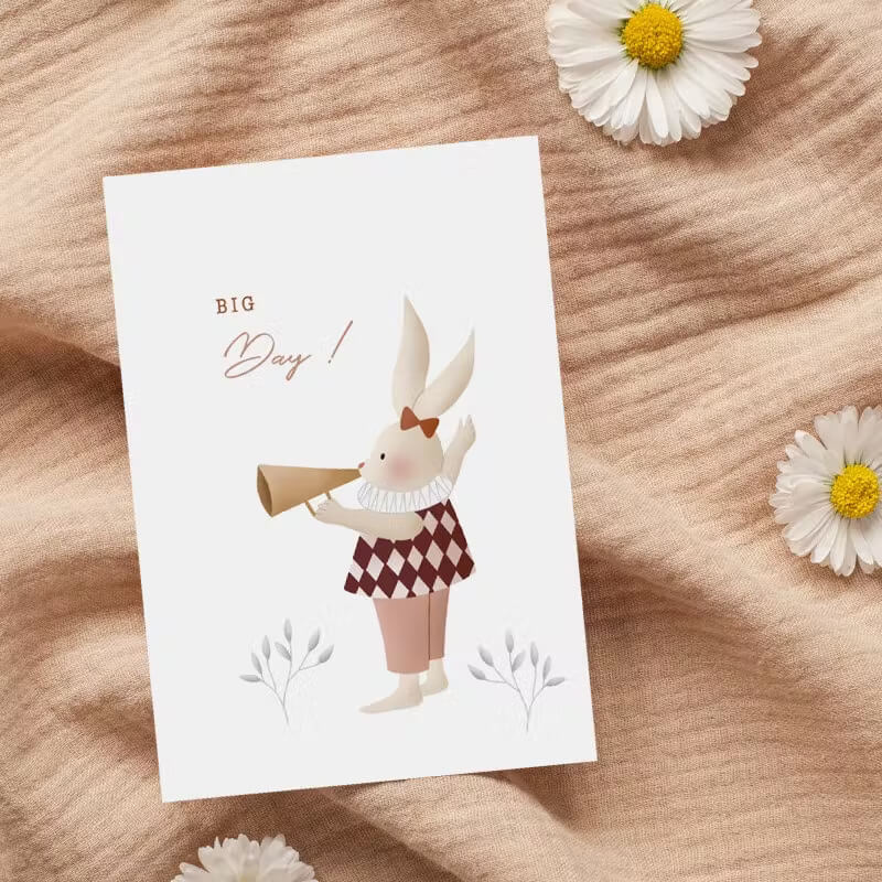 Enkelt kort med kuvert -  Kanin med nyheter - Rosa (Fraktfritt)