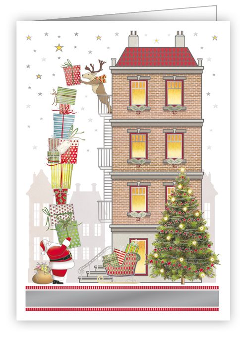 Litet julkort med kuvert -  Klappar upp till övervåningen (Fraktfritt)