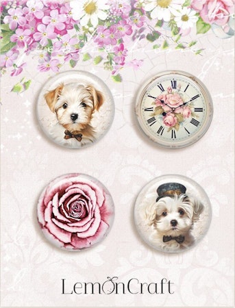 Vackra knappar till pyssel - Rosor och hundar (Fraktfritt)
