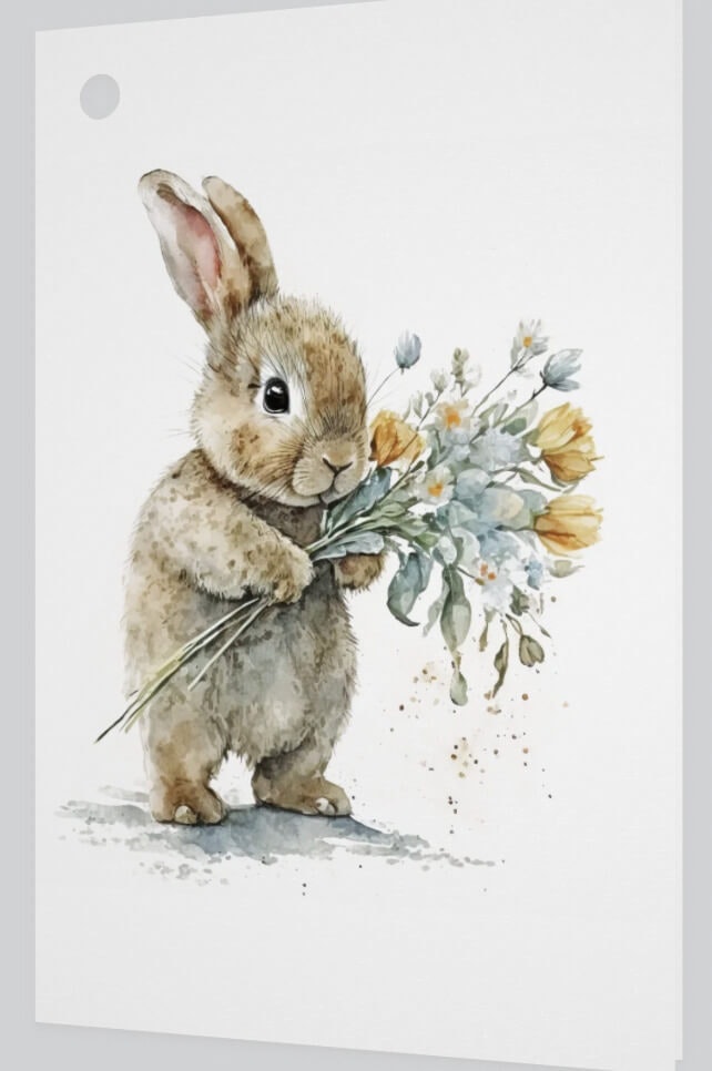 Litet kort utan kuvert - Kanin med blommor (Fraktfritt)