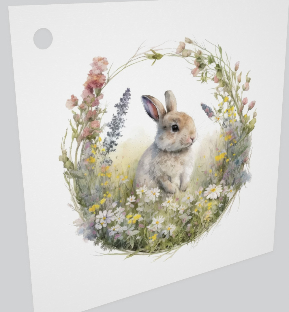 Litet kort utan kuvert - Kanin på blomsteräng (Fraktfritt)