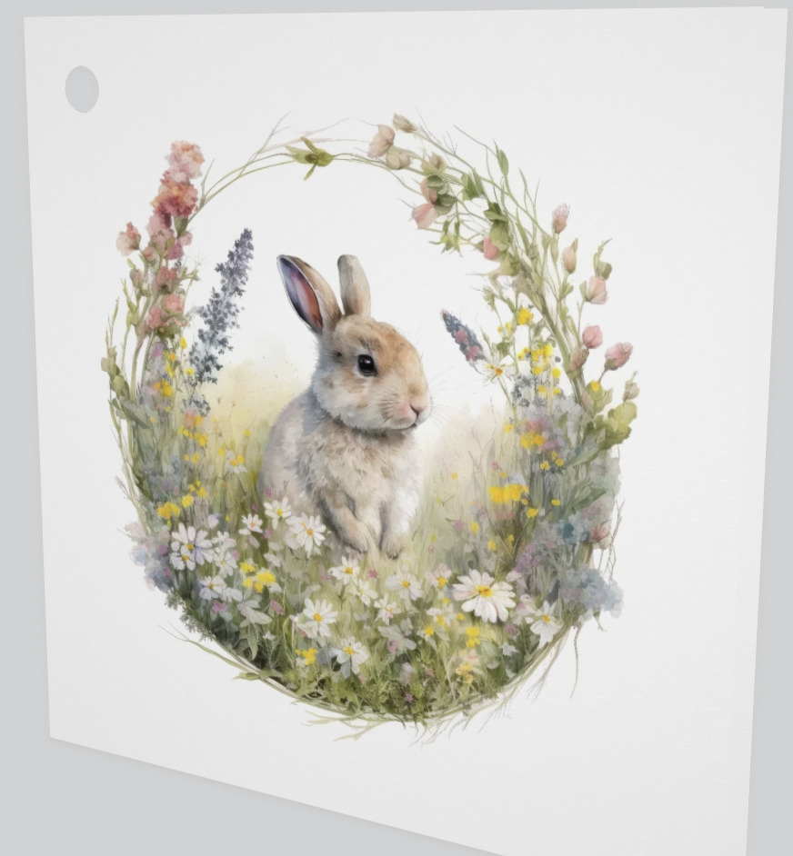 Litet kort utan kuvert - Kanin på blomsteräng (Fraktfritt)