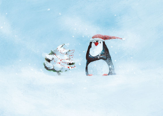Enkelt Kort - Julkort - Pingvin i snöstorm (Fraktfritt)