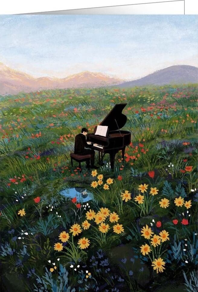 Dubbelt kort med kuvert - Spela piano på blomfältet (Fraktfritt)