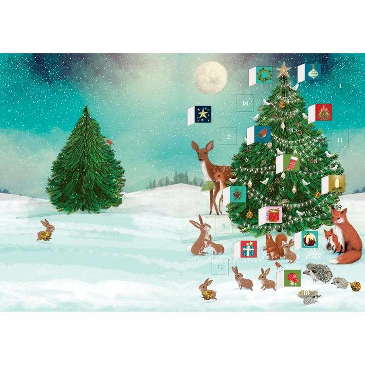 Liten Adventskalender som julkort - Djuren vid granen (Fraktfritt)