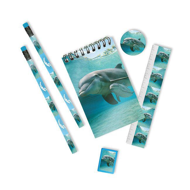 Set med pennor, pennvässare, sudd, block och linjal - Delfiner