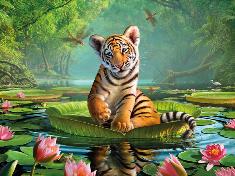 Enkelt kort 3D - Tiger bland näckrosor (Fraktfritt)