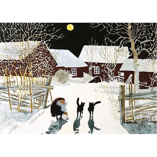 Enkelt Julkort - Tomten och katterna i månskenet  (Fraktfritt)