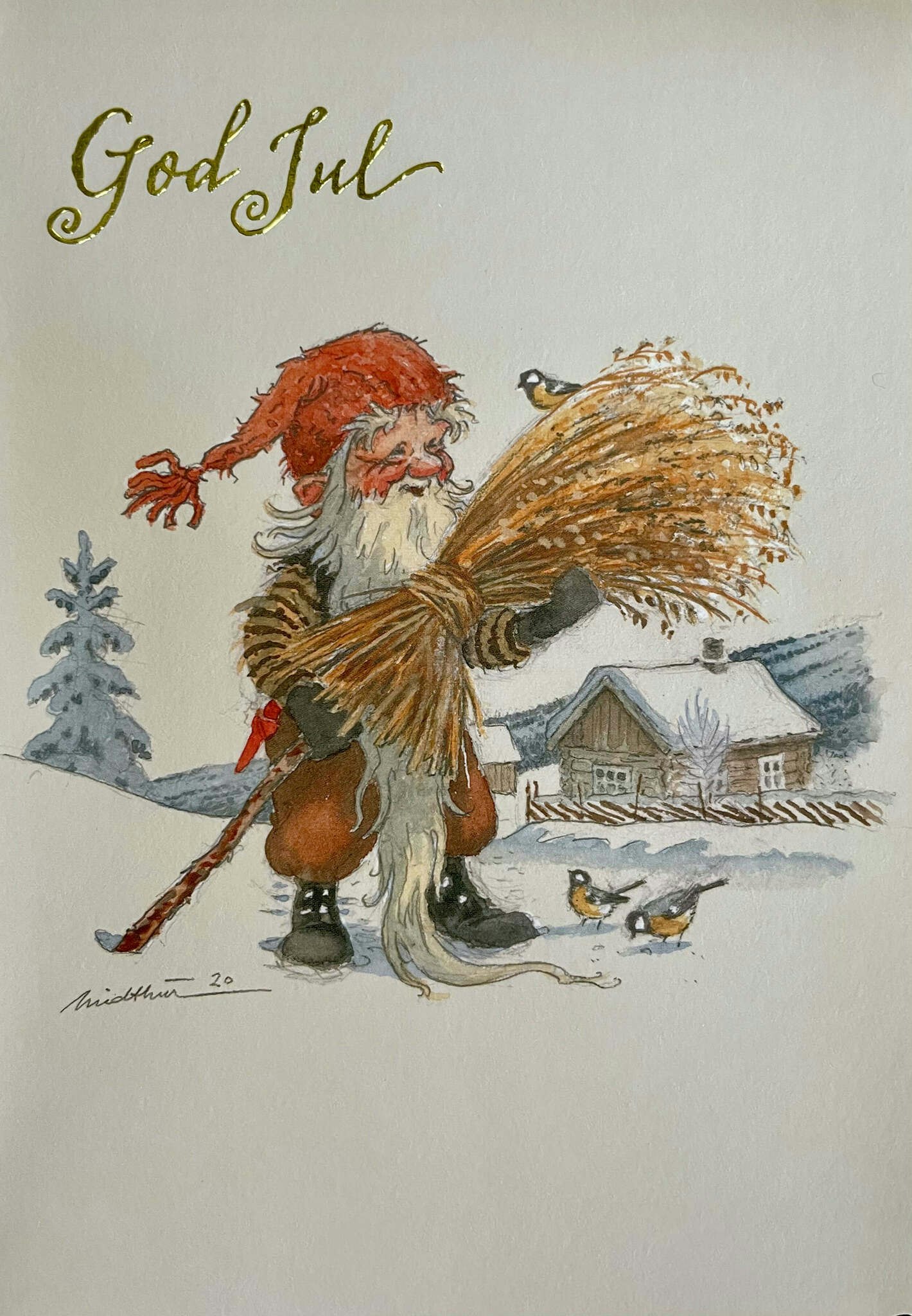 Julkort med kuvert - Kärven och tomten (Fraktfritt)