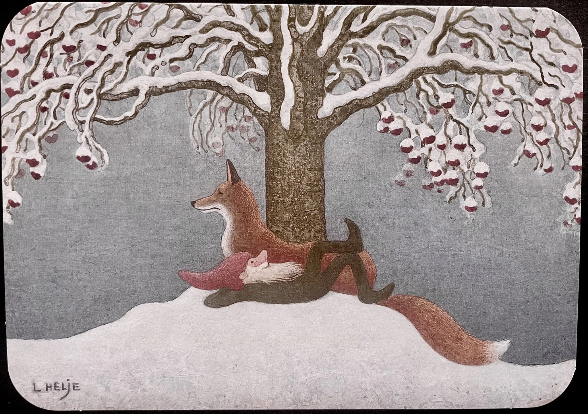 Julkort med kuvert - Tomten och räven under trädet (Fraktfritt)