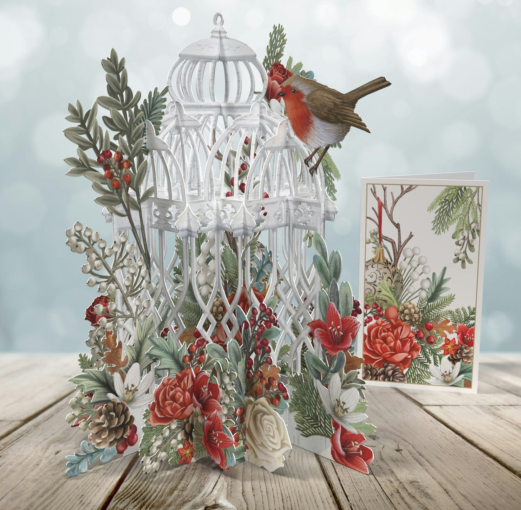 Magiskt julkort - Julblommor och fågelbur (Fraktfritt)