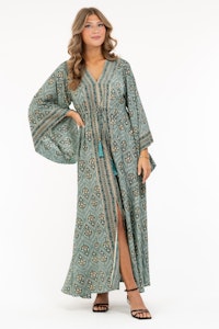 MALIKA DRESS AQUA/CREME/GOLD