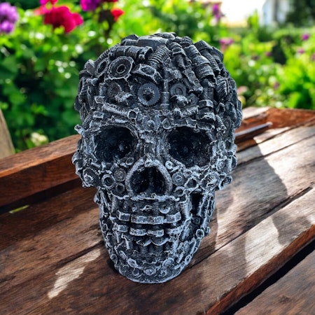 Betongfigur - Skeletthuvud skruvar
