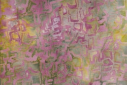 "Labyrint" tryck i mustig gul-rosa-orange-grön.  Bredd 140 cm