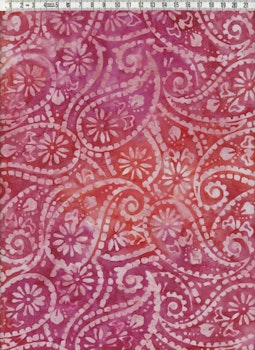 Ljusa ornament och cerise-orange botten. Batik ca 110 cm bred