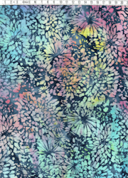 Blå med flerfärgat tryck. Blommor. 140 cm brett