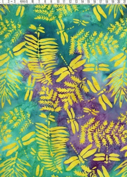 Gula trollsländor på flerfärgat.  Bomullsbatik bredd 110 cm