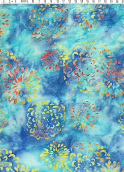Blå och turkosflammig med gulorange blommor. Viskos. 110 cm bred