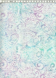 Pastelliga färger i grönturkost och aubergine på vit botten. Batik bomull 110 cm bred