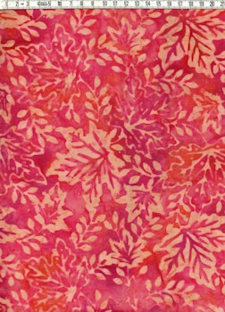 Röd-cerise-lila-beige med löv. Viskosbatik 110 cm bred