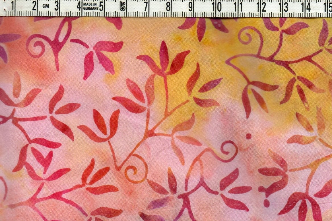 Rosa, Orange & Gyllengul Lövdans – Batik Bomull 110 cm bred
