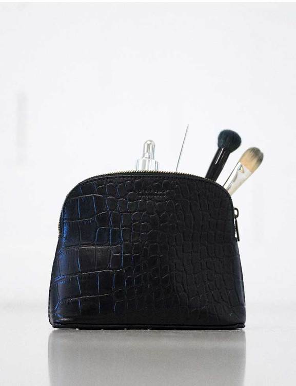 Sminkväska eller liten väska för småsaker, svart krokodil av naturgarvat läder