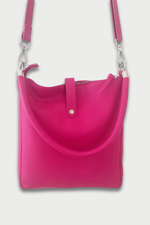 Flex leather bag with long and short shoulder strap, cerise