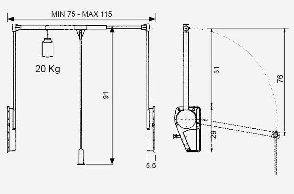 Garderobelift aluminium 20kg 60-120cm