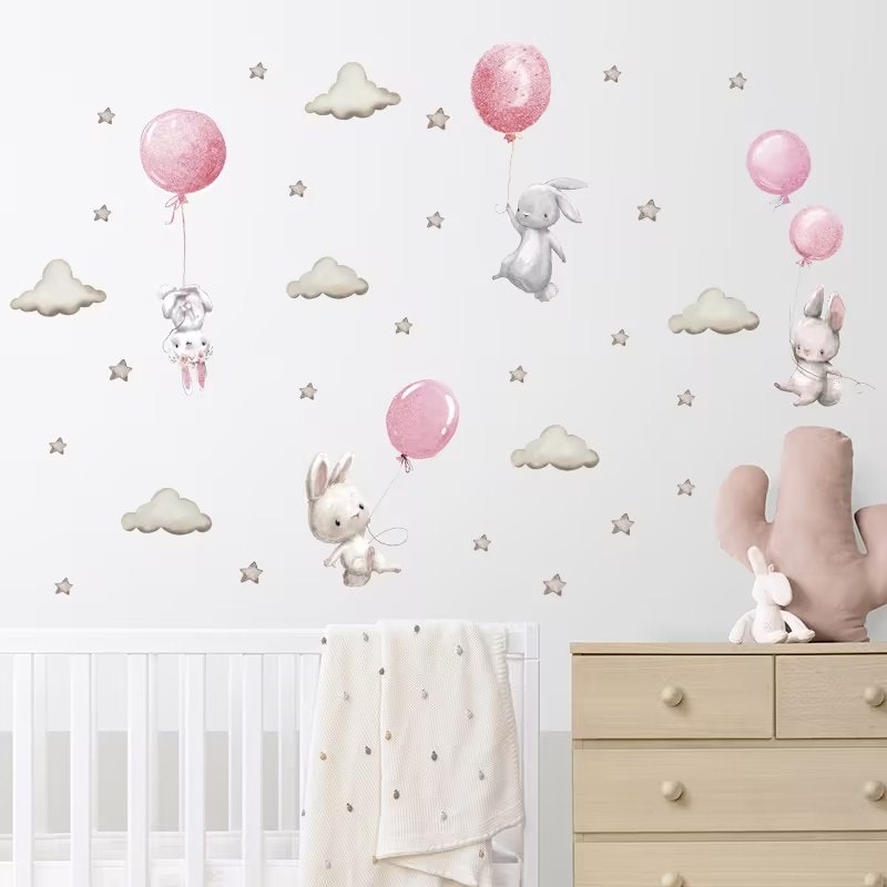 Barnerom wallstickers kaniner med rosa ballong