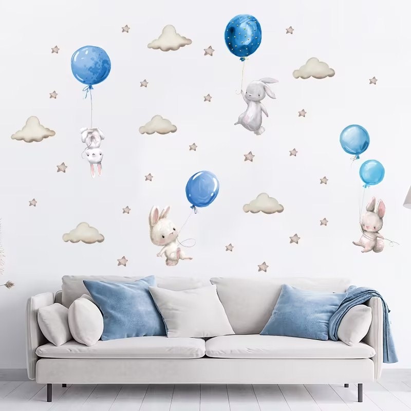 Barnerom wallstickers kaniner med blå ballong