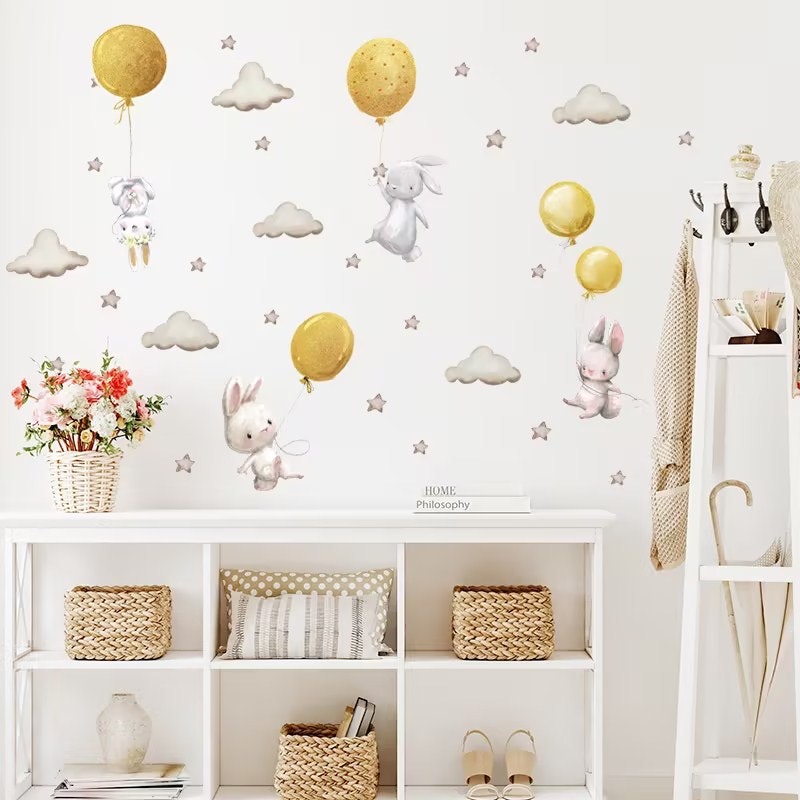 Barnerom wallstickers kaniner med gul ballong