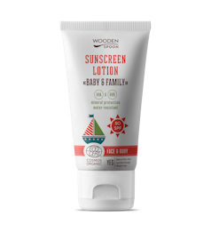 Wooden Spoon Organic Sunscreen Lotion Baby & Family SPF 50 – Invisible Zinc – 150 ml