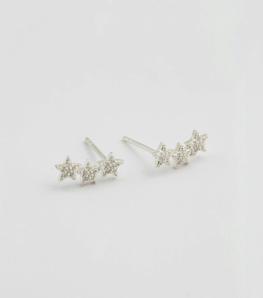 Snap Earrings Triple Star Stone Silver Crystal Syster P