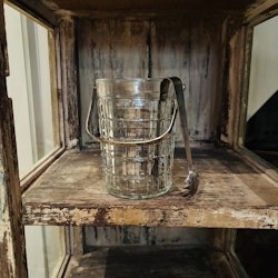 Ishink i glas med handtag i metall inklusive tång, vintage