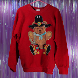 Ugly Christmas Sweater - Röd Med Nallebjörn, Pärlor & Paljetter - Vintage Fruit Of The Loom - L