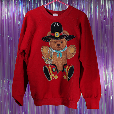 Ugly Christmas Sweater - Röd Med Nallebjörn, Pärlor & Paljetter - Vintage Fruit Of The Loom - L