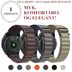 Myke og komfortable nylonreimer i 20, 22 og 26mm med Quickfit!