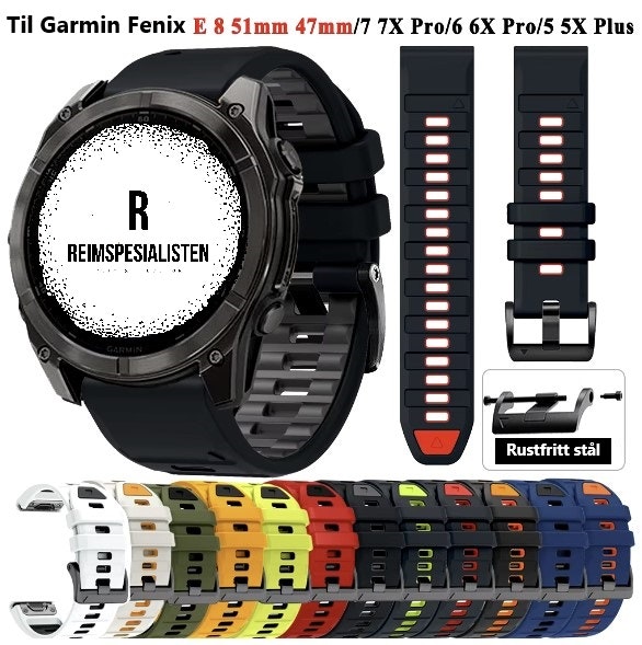 Nyhet! Silikonreim til Fenix E 8 47 og 51mm/ 7 7X i 22 og 26mm