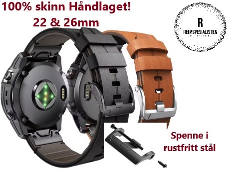 Håndlaget 100% skinnreim til din Garmin klokke i 22 og 26mm!