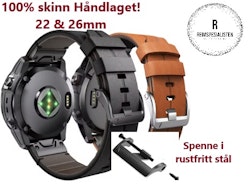 Håndlaget 100% skinnreim til din Garmin klokke i 22 og 26mm!