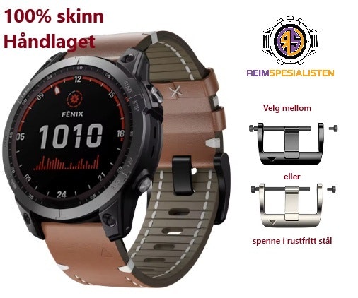 100% håndlagde skinnreim til Garmin-klokker i 22 og 26mm Quickfit