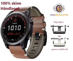 100% håndlagde skinnreim til Garmin-klokker i 22 og 26mm Quickfit