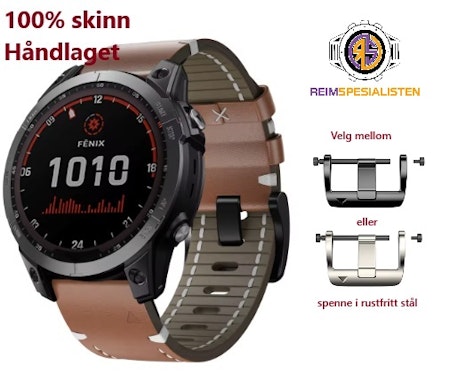 100% håndlagde skinnreim til Garmin-klokker i 22 og 26mm Quickfit