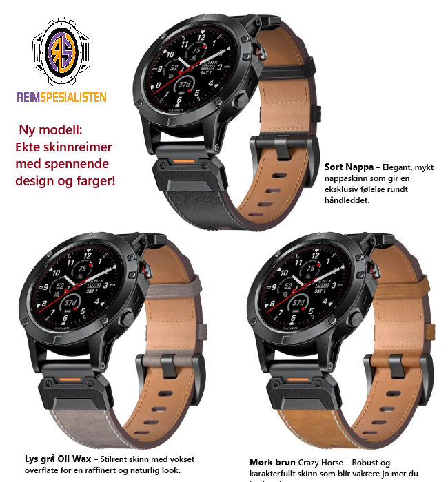 Ekte skinnreim til Garmin-klokker i 22 og 26mm Quickfit - tidløs stil