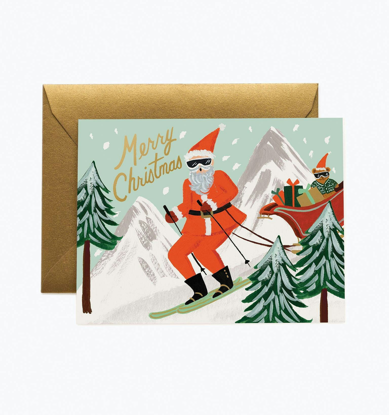 Julkort - Skiing Santa