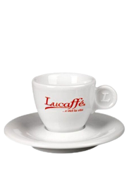 Lucaffè-logolla varustettu espressokuppi alustalla