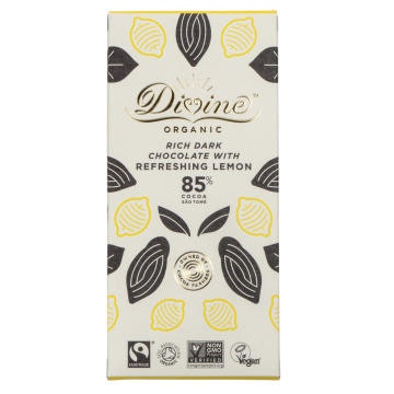 Divine Organic refreshing Lemon är en ekologisk mörk choklad, 85% kakao med uppfriskande citronsmak. Fairtrade.