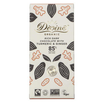 Divine Organic Rich Dark Chocolate with Turmeric & Ginger, ekologisk mörk choklad 85% med gurkmeja & ingefära. Fairtrade.
